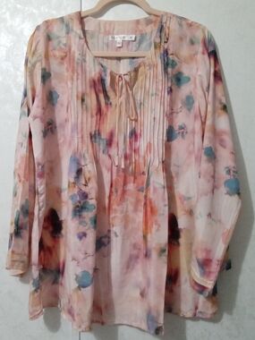 Karen Seo Watercolor Floral Pintuck Tunic Top - Size Medium